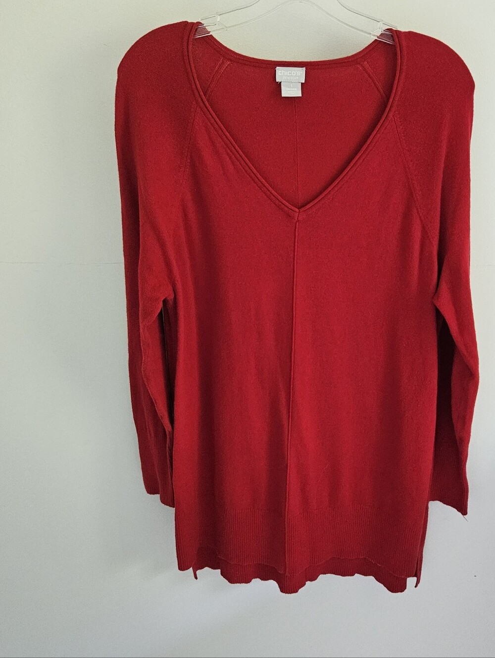 Chico's Cherry Red V-neck Tunic Length Sweater